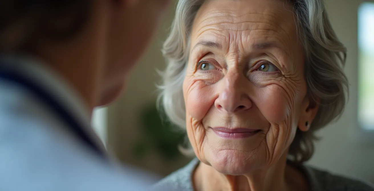Portrait rapproché d'une personne âgée en discussion avec un professionnel de santé