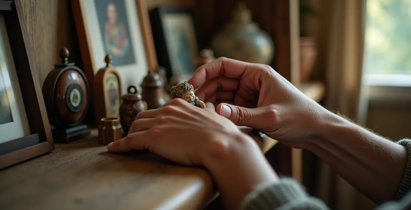 Gros plan sur des mains âgées arrangeant des objets personnels dans un appartement
