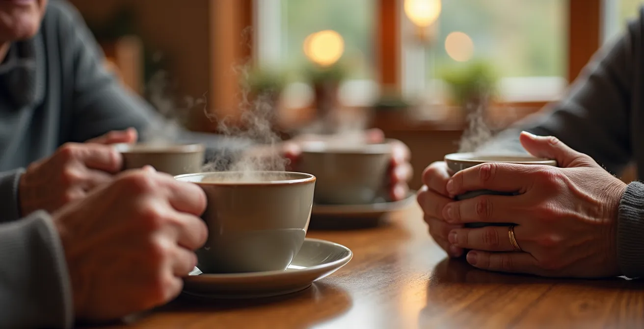 Axe Humain & Émotionnel : Mains de seniors partageant un café matinal