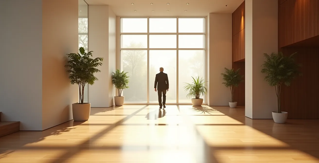 Axe Environnemental & Minimaliste : Corridor baigné de lumière naturelle dans une résidence senior