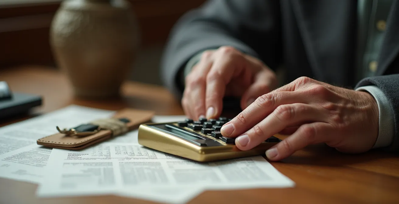 Mains de seniors manipulant une calculatrice vintage avec papiers sur table en bois