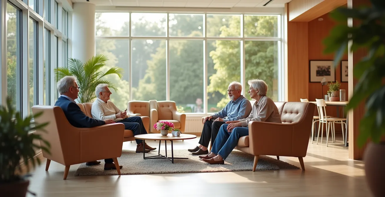 Salon lumineux avec résidents conversant dans un cadre chaleureux