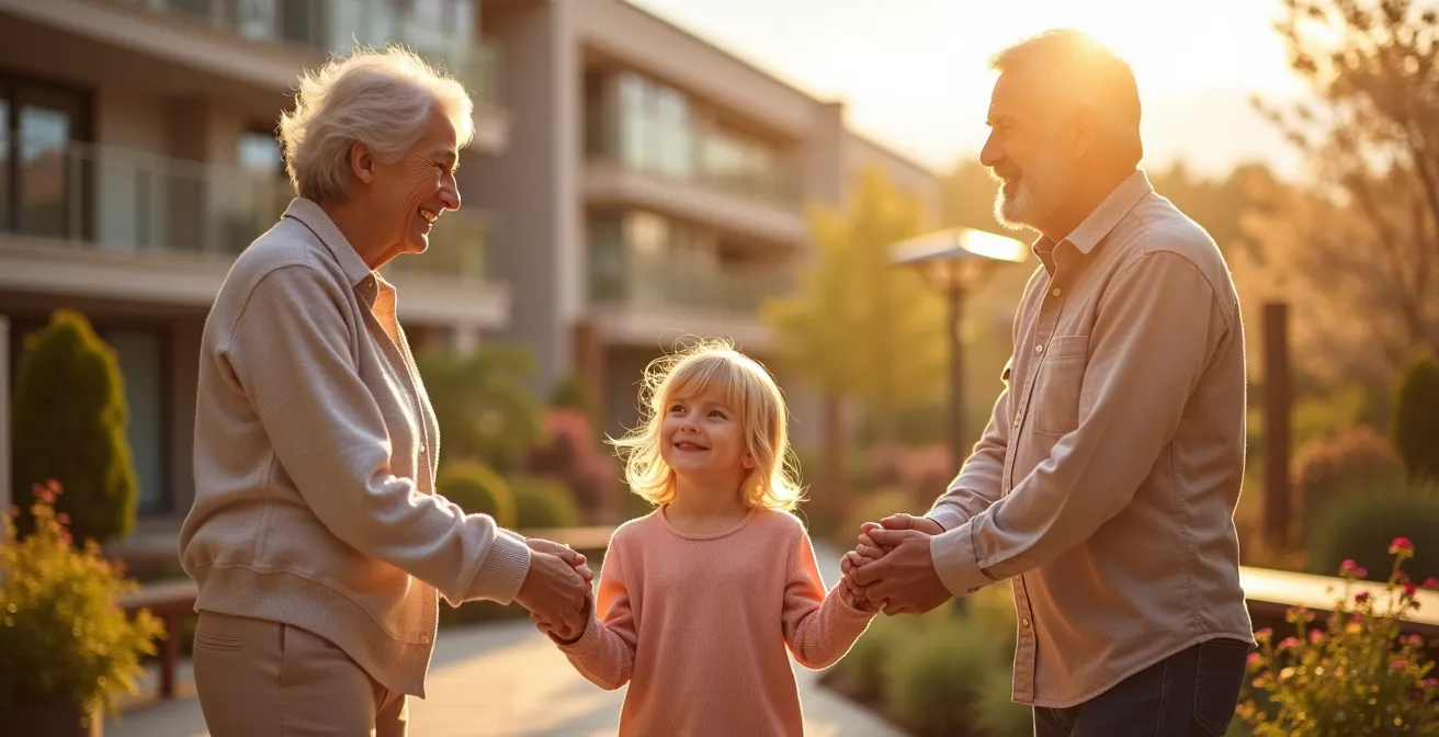 Famille multigénérationnelle partageant un moment joyeux dans le jardin d'une résidence