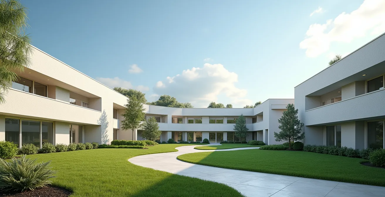 Architecture moderne d'une résidence senior avec espaces verts et chemins accessibles