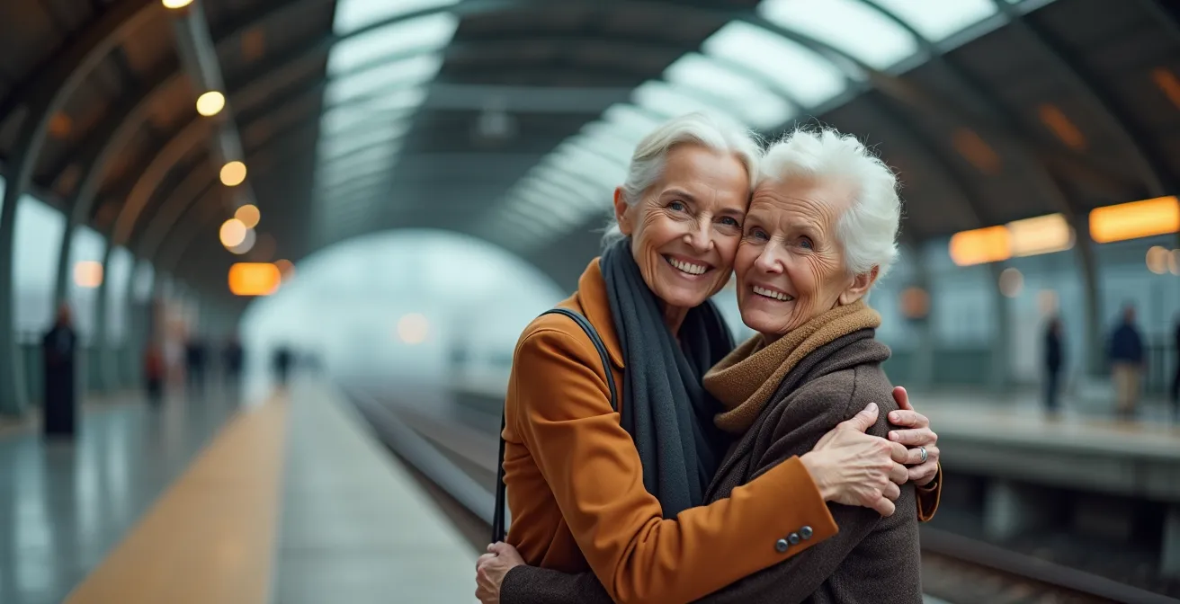 Personne senior souriante accueillant sa famille à la gare de Blois