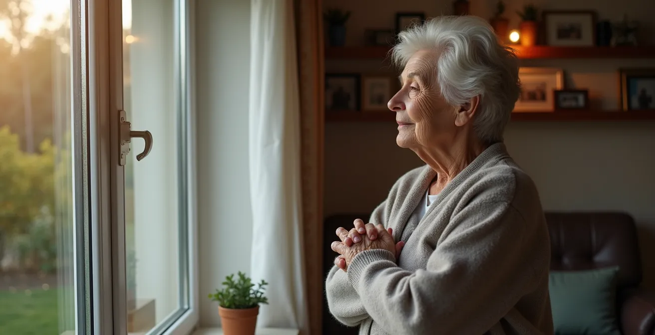 Personne âgée contemplant par la fenêtre de son domicile avec expression sereine